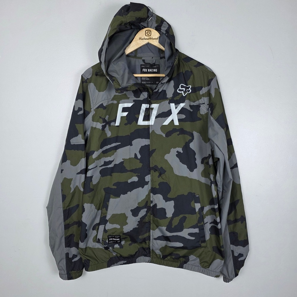 FOX Racing Camo Windbreaker Jacket Mens Hooded Lightweight Full Zip Casual